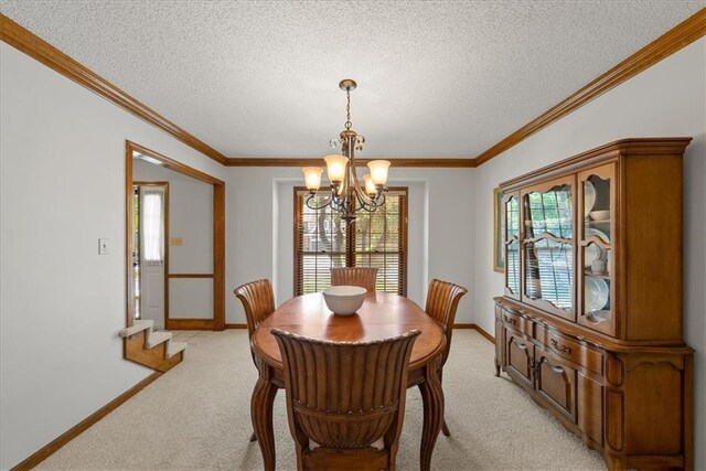 12224 Connell Dr, Overland Park, KS 66213 - dining area featuring a chandelier, light carpet, a textured ceiling, crown molding, and stairway