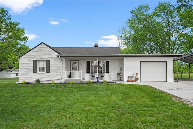 13223 Gammon Rd, Lees Summit, MO 64086 - ranch-style house with a porch, stone siding, a front lawn, a garage, and concrete driveway