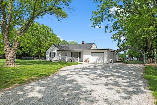 13223 Gammon Rd, Lees Summit, MO 64086 - single story home featuring a garage, a detached carport, a chimney, and gravel driveway