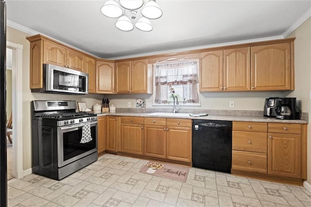 13223 Gammon Rd, Lees Summit, MO 64086 - kitchen with stainless steel appliances, a sink, crown molding, light countertops, and a chandelier
