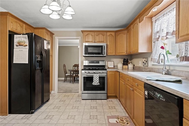 13223 Gammon Rd, Lees Summit, MO 64086 - kitchen featuring black appliances, a chandelier, light countertops, a sink, and ornamental molding