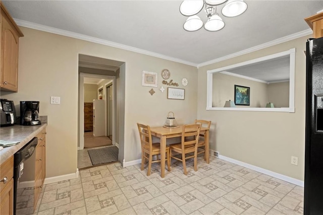 13223 Gammon Rd, Lees Summit, MO 64086 - dining space featuring baseboards, a chandelier, crown molding, and brick patterned floors