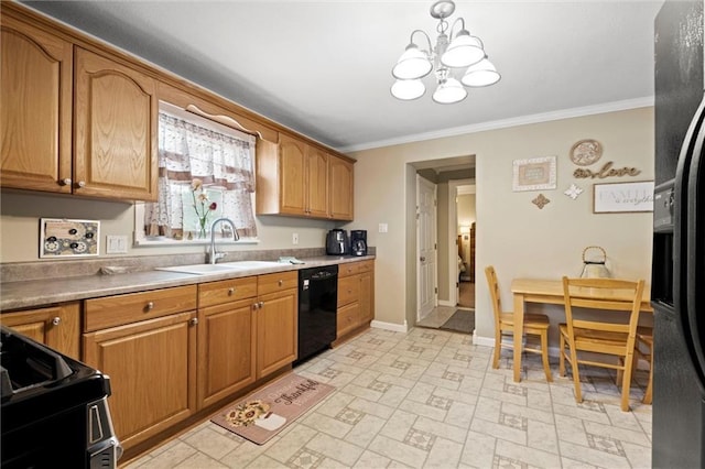 13223 Gammon Rd, Lees Summit, MO 64086 - kitchen featuring black appliances, ornamental molding, a chandelier, baseboards, and a sink