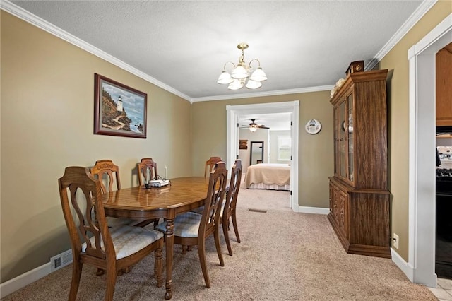 13223 Gammon Rd, Lees Summit, MO 64086 - dining space featuring a chandelier, light carpet, crown molding, baseboards, and a textured ceiling