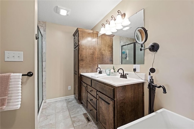 13223 Gammon Rd, Lees Summit, MO 64086 - full bathroom featuring a stall shower, double vanity, a freestanding bath, and baseboards