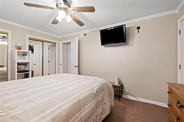 13223 Gammon Rd, Lees Summit, MO 64086 - bedroom featuring carpet floors, ornamental molding, baseboards, a closet, and ceiling fan