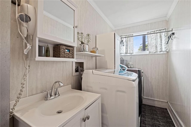 13223 Gammon Rd, Lees Summit, MO 64086 - bathroom with washer and dryer, crown molding, and vanity