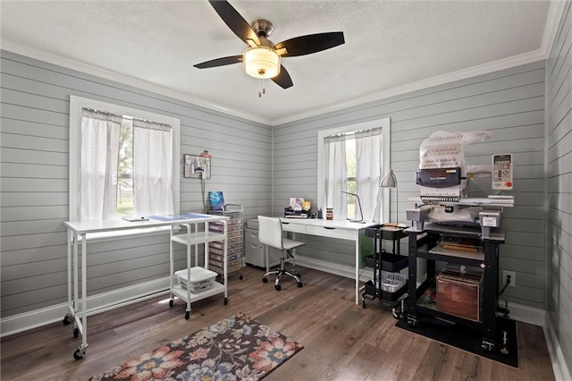 13223 Gammon Rd, Lees Summit, MO 64086 - office featuring plenty of natural light, wood finished floors, crown molding, ceiling fan, and a textured ceiling