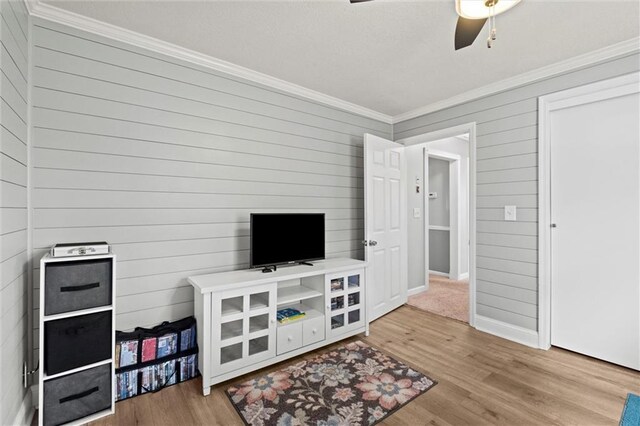 13223 Gammon Rd, Lees Summit, MO 64086 - living room featuring ornamental molding, light wood-type flooring, a ceiling fan, wood walls, and baseboards