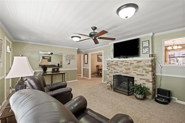 13223 Gammon Rd, Lees Summit, MO 64086 - living room featuring a ceiling fan, baseboards, a fireplace, carpet flooring, and ornamental molding