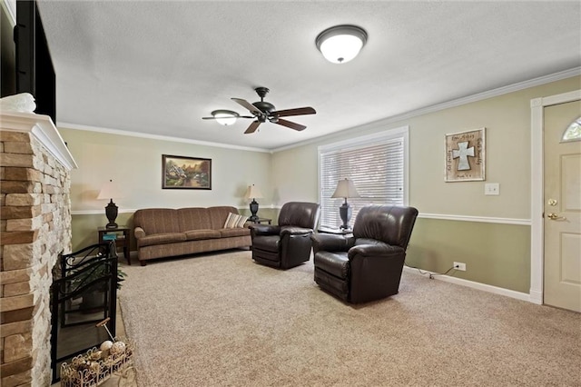 13223 Gammon Rd, Lees Summit, MO 64086 - carpeted living area featuring a ceiling fan, ornamental molding, a textured ceiling, and baseboards
