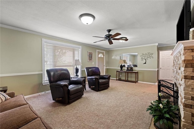 13223 Gammon Rd, Lees Summit, MO 64086 - living room featuring ornamental molding, carpet flooring, a ceiling fan, baseboards, and a textured ceiling