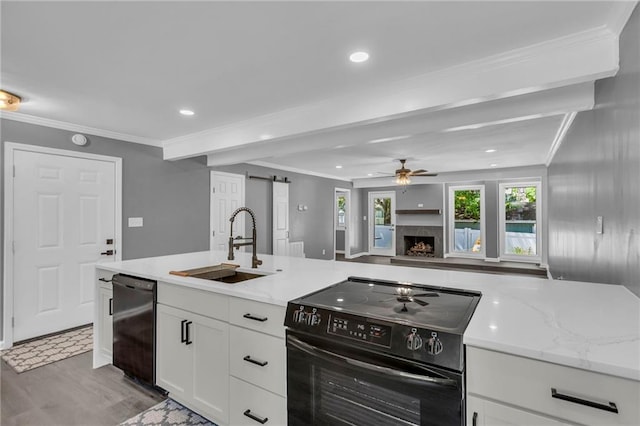 6531 W 49th St, Mission, KS 66202 - kitchen featuring black appliances, a sink, a barn door, ceiling fan, and white cabinetry
