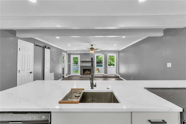 6531 W 49th St, Mission, KS 66202 - kitchen with open floor plan, a sink, dishwasher, electric range, and a ceiling fan