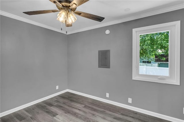 6531 W 49th St, Mission, KS 66202 - unfurnished room featuring electric panel, crown molding, baseboards, dark wood finished floors, and ceiling fan