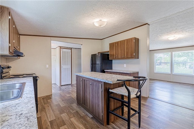 549 N Linn Valley Dr, Linn Valley, KS 66040 - kitchen with freestanding refrigerator, wood finished floors, light countertops, electric stove, and a textured ceiling