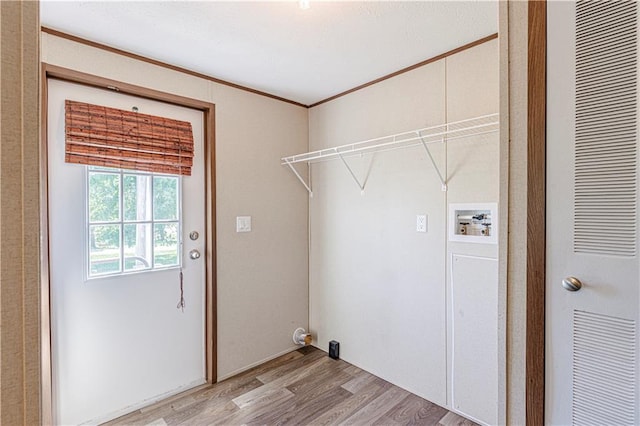 549 N Linn Valley Dr, Linn Valley, KS 66040 - laundry room with a heating unit, washer hookup, light wood finished floors, and ornamental molding
