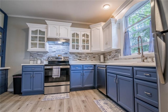 203 S Hughes St, Hamilton, MO 64644 - kitchen featuring appliances with stainless steel finishes, blue cabinetry, white cabinetry, light countertops, and crown molding