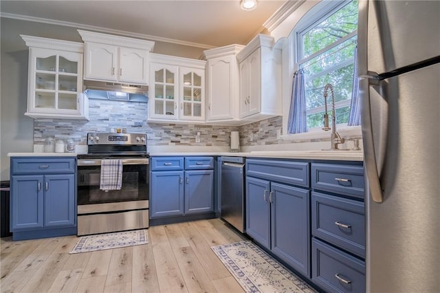 203 S Hughes St, Hamilton, MO 64644 - kitchen with appliances with stainless steel finishes, blue cabinets, white cabinets, crown molding, and light countertops
