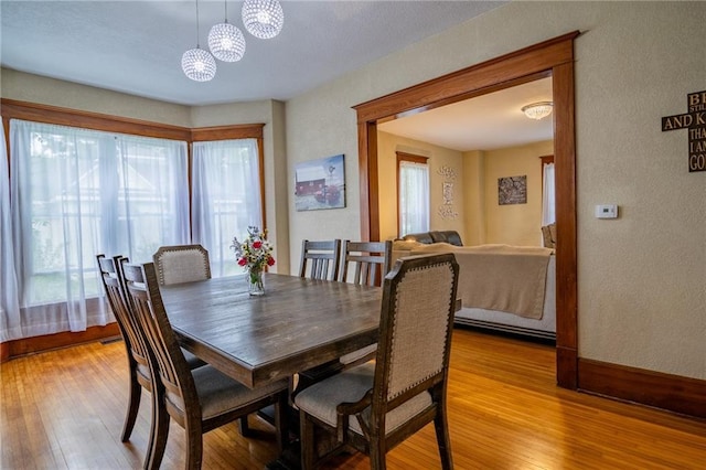 203 S Hughes St, Hamilton, MO 64644 - dining room featuring plenty of natural light, light wood-style flooring, a textured wall, and a chandelier