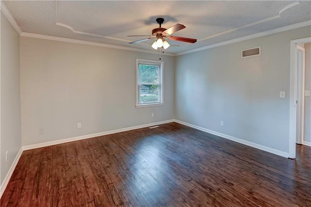 1205 SW 20th St, Blue Springs, MO 64015 - empty room with ceiling fan, dark wood-style flooring, a textured ceiling, crown molding, and baseboards