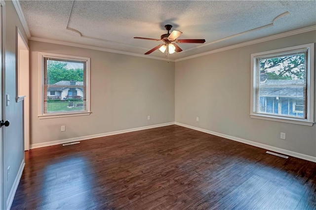 1205 SW 20th St, Blue Springs, MO 64015 - spare room with plenty of natural light, a textured ceiling, ceiling fan, dark wood finished floors, and ornamental molding