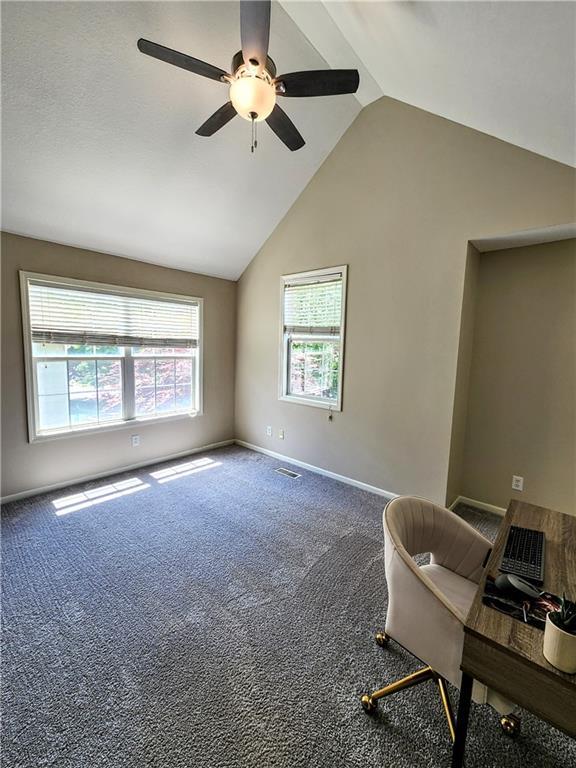 living area with vaulted ceiling, ceiling fan, carpet floors, and baseboards