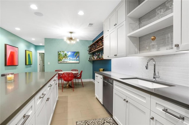 2807 W 50th Ter, Westwood, KS 66205 - kitchen with open shelves, dishwasher, a sink, backsplash, and recessed lighting