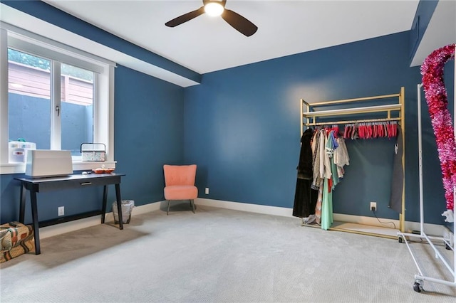 2807 W 50th Ter, Westwood, KS 66205 - living area with a ceiling fan, carpet floors, and baseboards