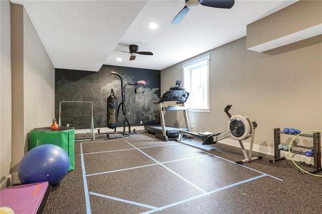 2807 W 50th Ter, Westwood, KS 66205 - exercise room with a ceiling fan and recessed lighting