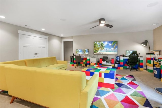 2807 W 50th Ter, Westwood, KS 66205 - carpeted living room with recessed lighting and a ceiling fan