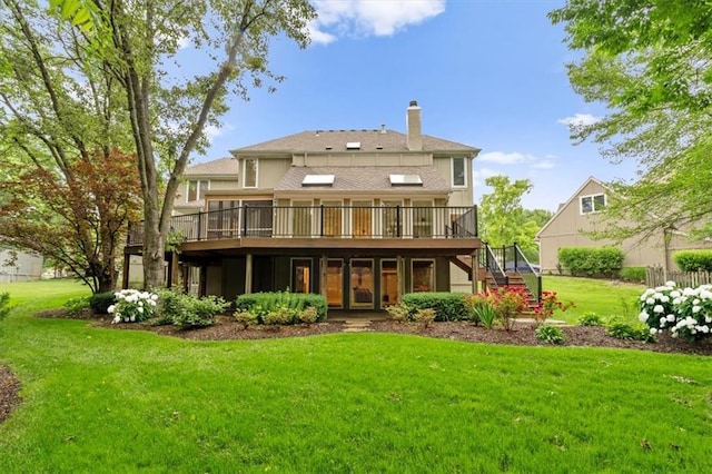 8407 W 141st St, Overland Park, KS 66223 - back of property with a wooden deck, stairway, a chimney, and a lawn