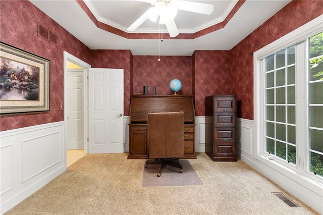 22614 W 46th Ter, Shawnee, KS 66226 - office area featuring light carpet, ceiling fan, a tray ceiling, wainscoting, and crown molding