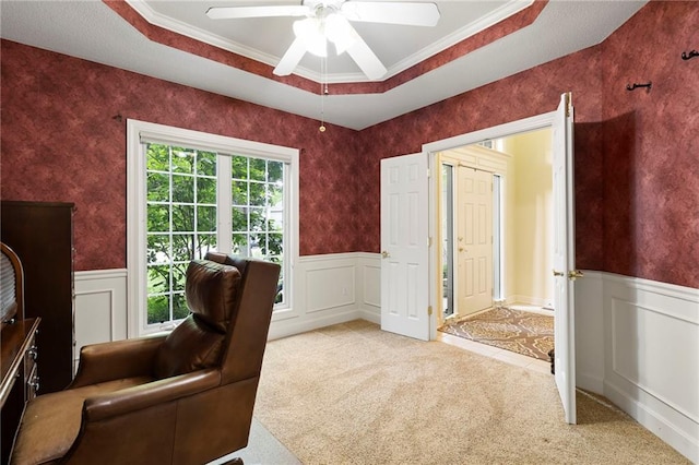 22614 W 46th Ter, Shawnee, KS 66226 - carpeted office featuring a wainscoted wall, a ceiling fan, ornamental molding, and wallpapered walls