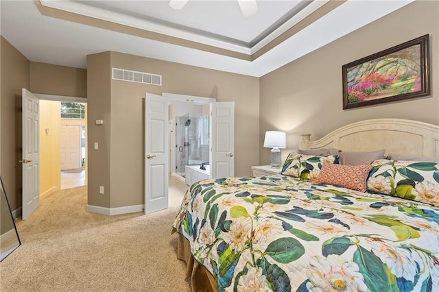 22614 W 46th Ter, Shawnee, KS 66226 - bedroom featuring a tray ceiling, light carpet, ornamental molding, baseboards, and ensuite bath