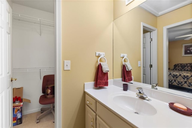 22614 W 46th Ter, Shawnee, KS 66226 - bathroom with vanity, ensuite bath, a walk in closet, ornamental molding, and baseboards