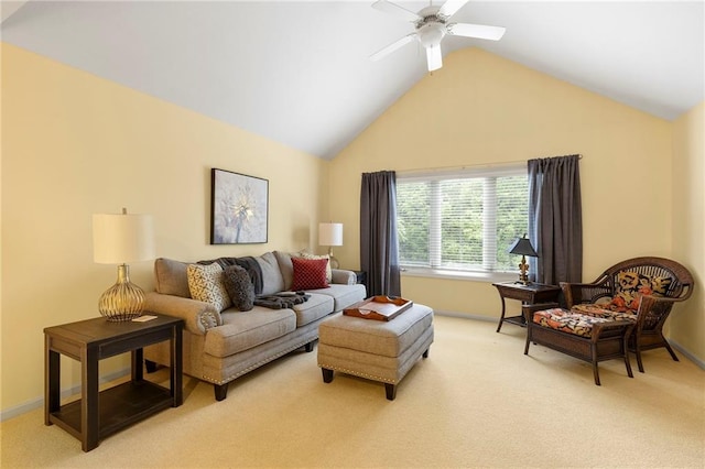 22614 W 46th Ter, Shawnee, KS 66226 - living room with light carpet, ceiling fan, vaulted ceiling, and baseboards