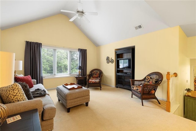 22614 W 46th Ter, Shawnee, KS 66226 - living room featuring ceiling fan, light colored carpet, vaulted ceiling, and baseboards