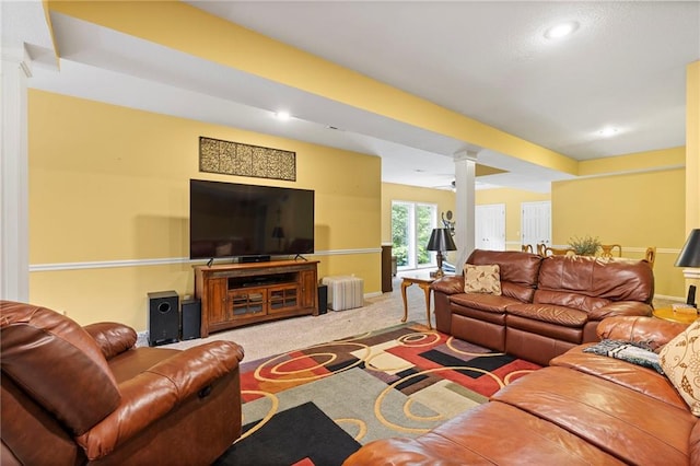 22614 W 46th Ter, Shawnee, KS 66226 - carpeted living room with ornate columns, recessed lighting, and baseboards