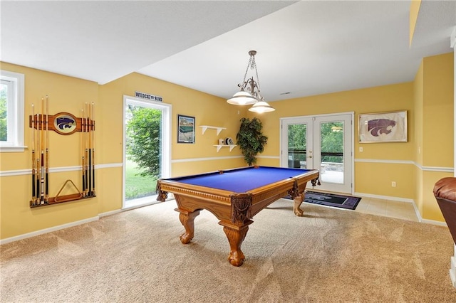 22614 W 46th Ter, Shawnee, KS 66226 - rec room featuring french doors, carpet, billiards table, and baseboards