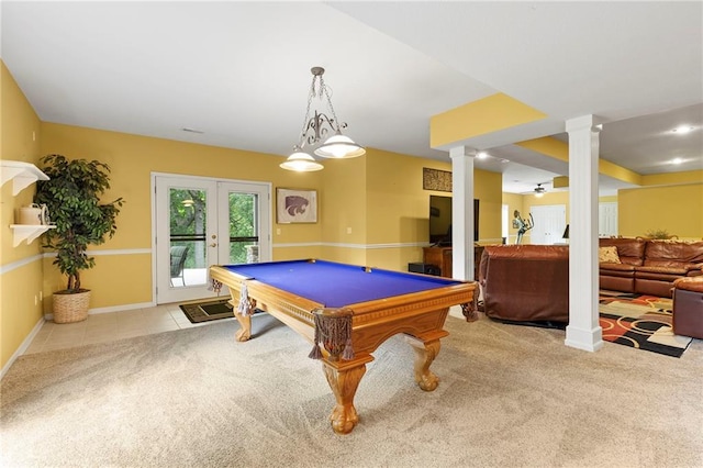 22614 W 46th Ter, Shawnee, KS 66226 - rec room with carpet, ornate columns, french doors, pool table, and baseboards