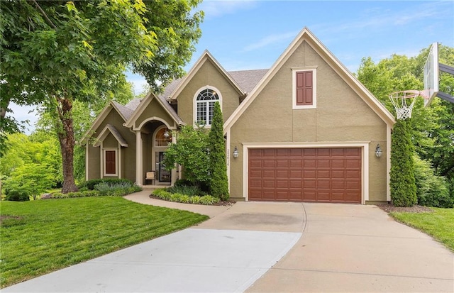22614 W 46th Ter, Shawnee, KS 66226 - traditional home with a front yard, concrete driveway, and stucco siding