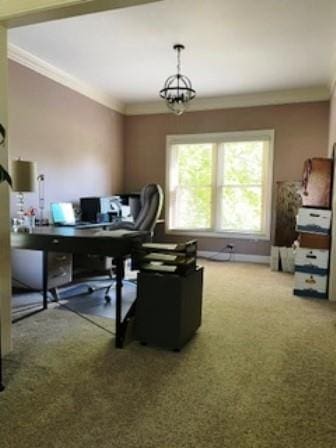 carpeted office with ornamental molding and a chandelier