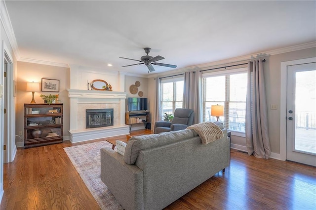2007 NE Newport Ct, Blue Springs, MO 64014 - living room featuring ornamental molding, wood finished floors, ceiling fan, a glass covered fireplace, and healthy amount of natural light
