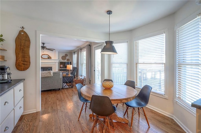 2007 NE Newport Ct, Blue Springs, MO 64014 - dining room with wood finished floors, a ceiling fan, a fireplace, and baseboards