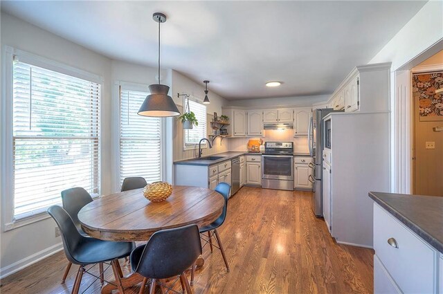 2007 NE Newport Ct, Blue Springs, MO 64014 - kitchen with appliances with stainless steel finishes, under cabinet range hood, a sink, dark countertops, and dark wood-style flooring