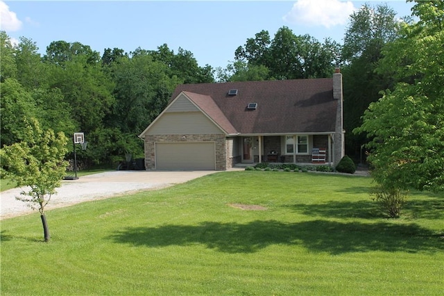 1658 NW 785th Rd, Bates City, MO 64011 - view of front facade with dirt driveway, a porch, an attached garage, a front yard, and a chimney