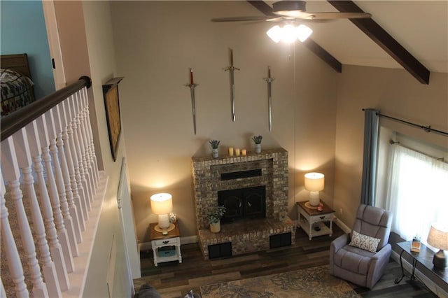 1658 NW 785th Rd, Bates City, MO 64011 - sitting room featuring high vaulted ceiling, wood finished floors, ceiling fan, a brick fireplace, and beam ceiling