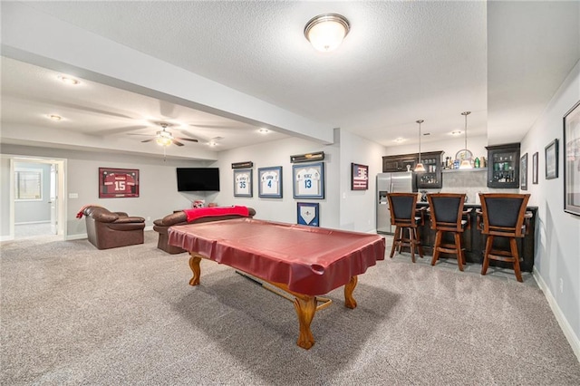 4310 N 141st Pl, Basehor, KS 66007 - recreation room with carpet flooring, pool table, a ceiling fan, baseboards, and a textured ceiling