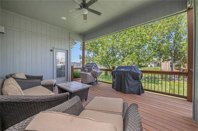4310 N 141st Pl, Basehor, KS 66007 - wooden deck with a grill, ceiling fan, and outdoor lounge area